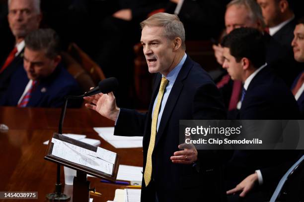 Rep. Jim Jordan nominates House Minority Leader Kevin McCarthy for Speaker of the House of the 118th Congress during a speech in the House Chamber of...