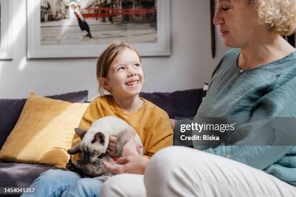 une fillette de 7 ans caressant son chat tout en parlant avec grand-mère sur le canapé - 50 year old photos et images de collection