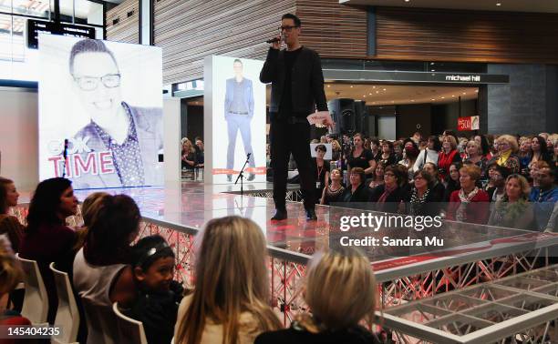 Style personality, Gok Wan addresses his audience during his live instore makeover show at Westfield Albany on May 29, 2012 in Auckland, New Zealand.