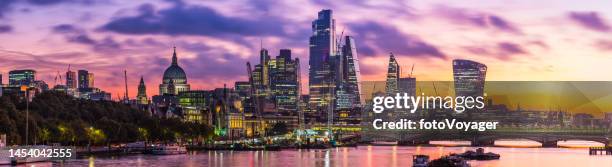 london glittering skyscrapers st pauls cathedral over thames sunrise panorama - square mile london stock pictures, royalty-free photos & images