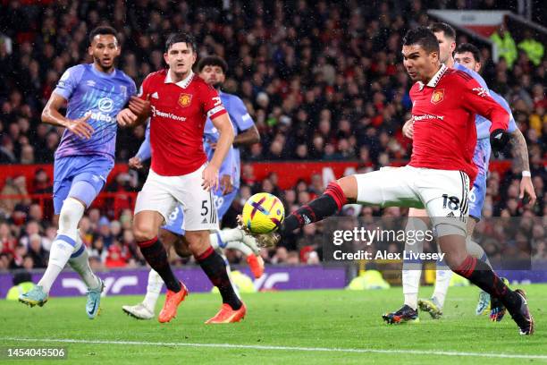 Casemiro of Manchester United scores the team's first goal during the Premier League match between Manchester United and AFC Bournemouth at Old...