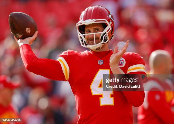 Chad Henne of the Kansas City Chiefs warms up prior to the game against the Denver Broncos at Arrowhead Stadium on January 1, 2023 in Kansas City,...