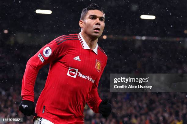 Casemiro of Manchester United celebrates after scoring the team's first goal during the Premier League match between Manchester United and AFC...