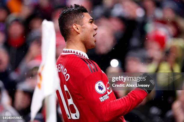 Casemiro of Manchester United celebrates after scoring the team's first goal during the Premier League match between Manchester United and AFC...