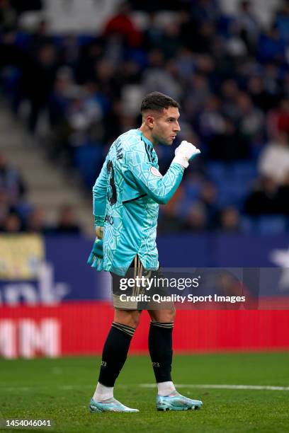 Hugo Mallo of RC Celta de Vigo in the goalkeeper position during the Copa del Rey Round of 32 match between RCD Espanyol and RC Celta at RCDE Stadium...