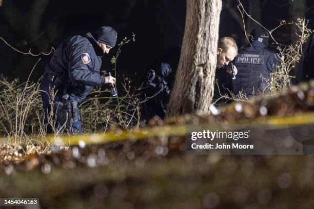 Police investigate a crime scene related to the suspected murder of a 2-year-old boy on January 02, 2023 in Stamford, Connecticut. Police are holding...