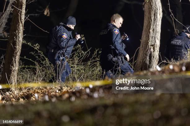 Police investigate a crime scene related to the suspected murder of a 2-year-old boy on January 02, 2023 in Stamford, Connecticut. Police are holding...