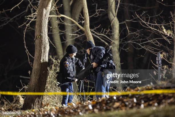 Police pack up equipment after investigating a crime scene relating to the suspected murder of a 2-year-old boy on January 02, 2023 in Stamford,...