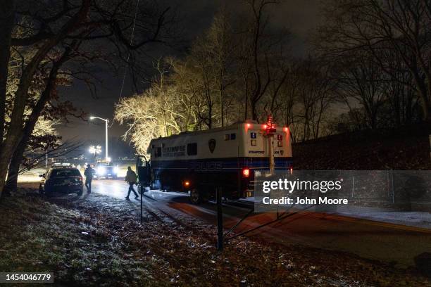 Police prepare to depart after investigating a crime scene related to the suspected murder of a 2-year-old boy on January 02, 2023 in Stamford,...