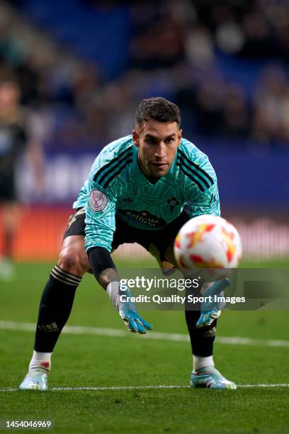 Hugo Mallo of RC Celta de Vigo in the goalkeeper position in action during the Copa del Rey Round of 32 match between RCD Espanyol and RC Celta at...