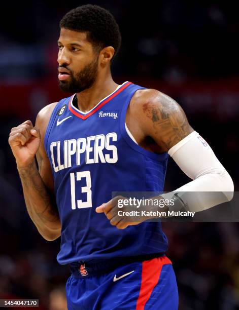 Paul George of the Los Angeles Clippers reacts to a basket during the third quarter against the Miami Heat at Crypto.com Arena on January 02, 2023 in...