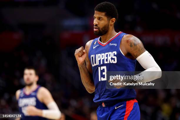 Paul George of the Los Angeles Clippers reacts to a basket during the third quarter against the Miami Heat at Crypto.com Arena on January 02, 2023 in...