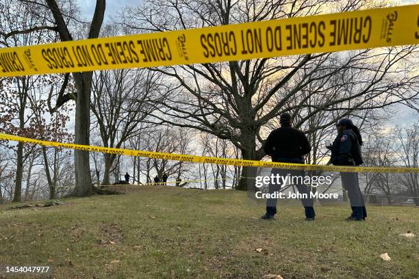 Police investigate a crime scene related to the suspected murder of a 2-year-old boy on January 02, 2023 in Stamford, Connecticut. Police are holding...