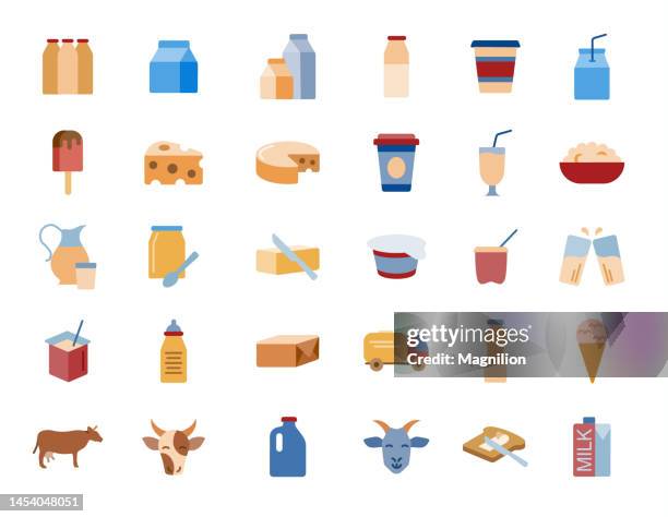 bildbanksillustrationer, clip art samt tecknat material och ikoner med milk and dairy products flat icons set - kalcium