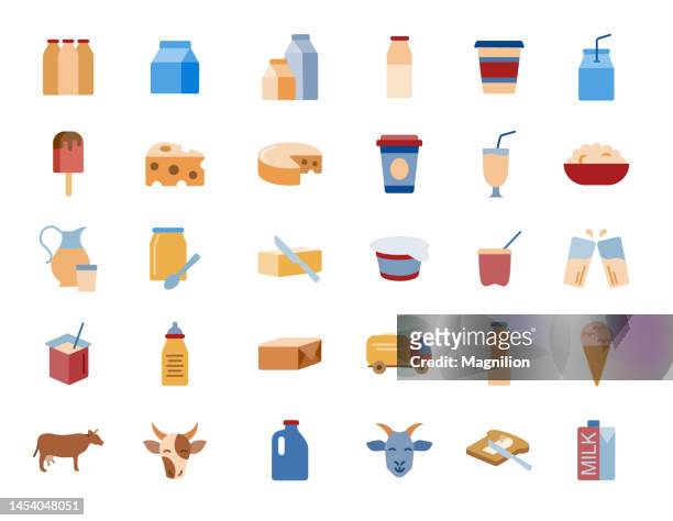 milk and dairy products flat icons set - butter tart stock illustrations