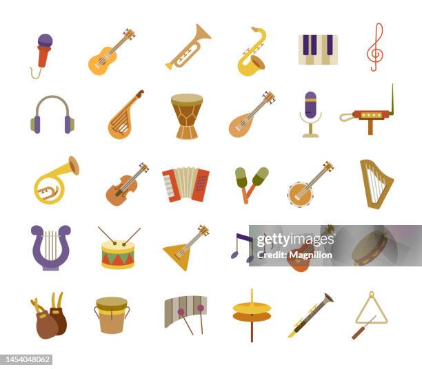 musikinstrumente flat icons set - maraca stock-grafiken, -clipart, -cartoons und -symbole