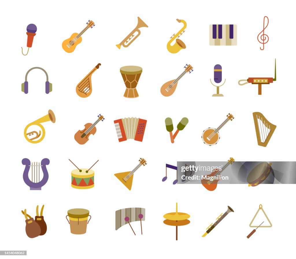 Conjunto de iconos planos de instrumentos musicales