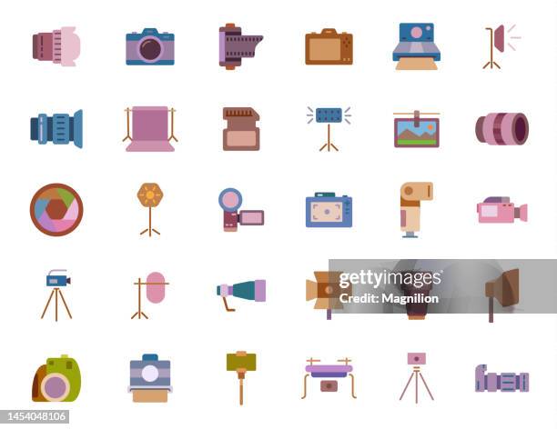 photography flat icons set - light meter stock illustrations