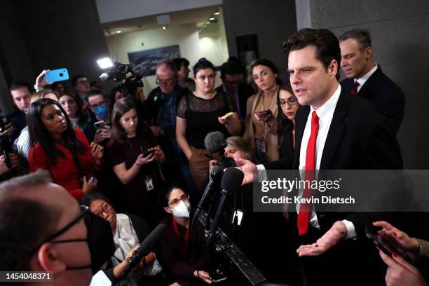 Rep. Matt Gaetz speaks to reporters following a meeting with House Republicans at the U.S. Capitol Building on January 03, 2023 in Washington, DC....