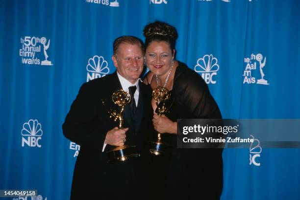 Gordon Clapp and Camryn Manheim hold their Emmy Awards at the 50th Annual Primetime Emmy Awards at the Shrine Auditorium in Los Angeles, California,...