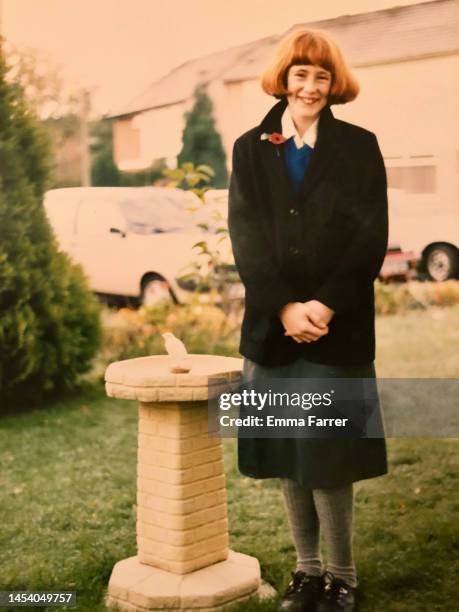 vintage family photo of girl on first day of high school 1988 - western europe stock pictures, royalty-free photos & images