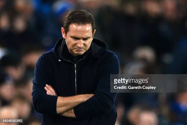 Frank Lampard, Manager of Everton reacts after Pascal Gross of Brighton & Hove Albion scored their sides fourth goal during the Premier League match...
