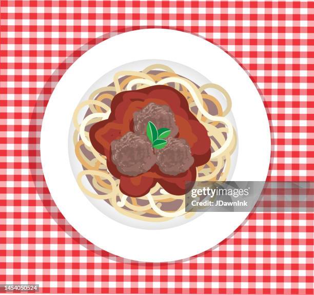 plate of spaghetti on checkered tablecloth high angle view - noodles stock illustrations