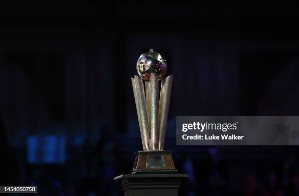 View of the trophy during Day Fourteen of the Cazoo World Darts Championship at Alexandra Palace on January 03, 2023 in London, England.