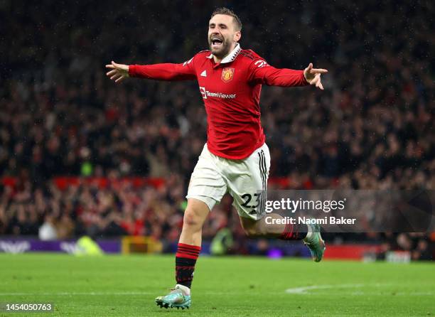 Luke Shaw of Manchester United celebrates after scoring the team's second goal during the Premier League match between Manchester United and AFC...