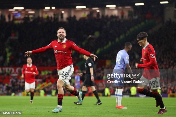 Luke Shaw of Manchester United celebrates after scoring the team's second goal during the Premier League match between Manchester United and AFC...