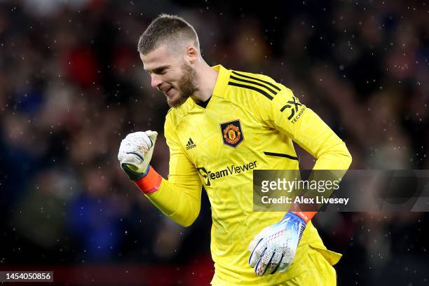 David De Gea of Manchester United celebrates after their sides scored their second goal during the Premier League match between Manchester United and...