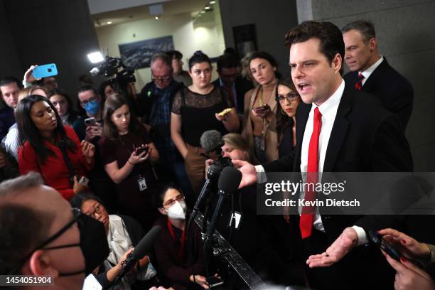 Rep. Matt Gaetz speaks to reporters following a meeting with House Republicans at the U.S. Capitol Building on January 03, 2023 in Washington, DC....