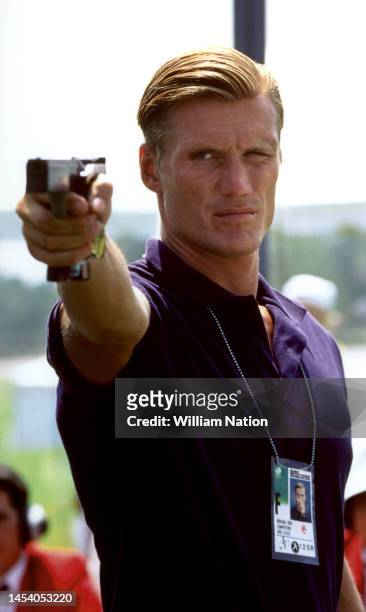 Swedish actor, filmmaker and martial artist Dolph Lundgren on the set of the action and drama 1994 film Pentathlon, Los Angeles, California, circa...