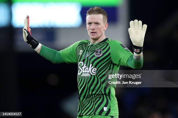 Jordan Pickford of Everton apologises to fans after the team's defeat during the Premier League match between Everton FC and Brighton & Hove Albion...