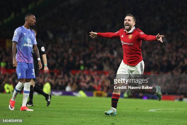 Luke Shaw of Manchester United celebrates after scoring the team's second goal during the Premier League match between Manchester United and AFC...