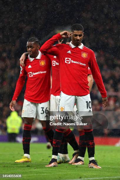 Marcus Rashford of Manchester United celebrates after scoring the team's third goal during the Premier League match between Manchester United and AFC...