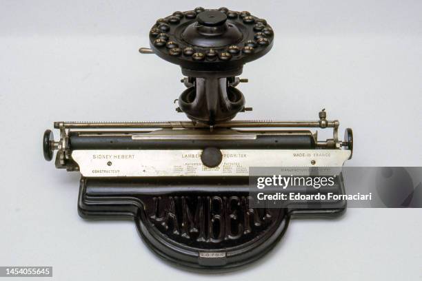 Close-up of a Lambert typewriter, Rome, Italy, February 20, 1987. The machine dates from approximately 1906.