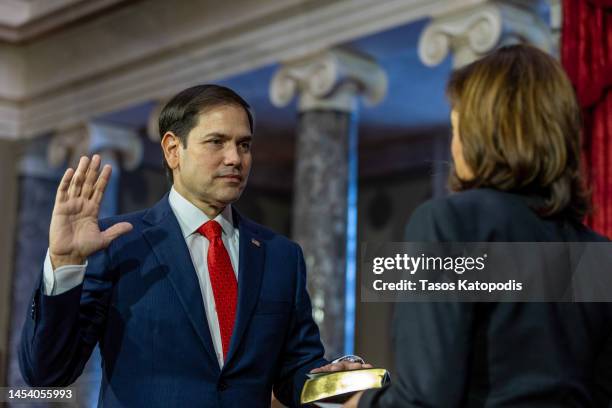 Vice President Kamala Harris swears in Sen. Marco Rubio and his wife Jeanette Rubio in the old senate chamber for the Ceremonial Swearing on January...
