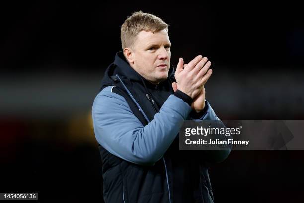 Eddie Howe, Manager of Newcastle United, applauds the fans after the draw during the Premier League match between Arsenal FC and Newcastle United at...