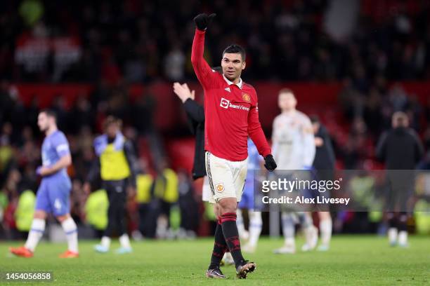 Casemiro of Manchester United gestures a thumbs up as they acknowledge the fans after the Premier League match between Manchester United and AFC...