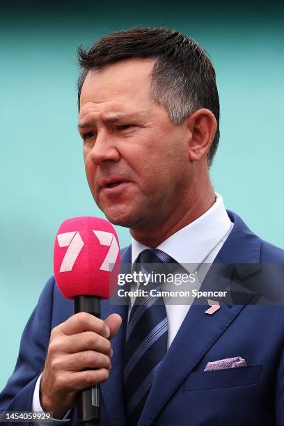 Former Australian captain and commentator Ricky Ponting talks during day one of the Third Test match in the series between Australia and South Africa...