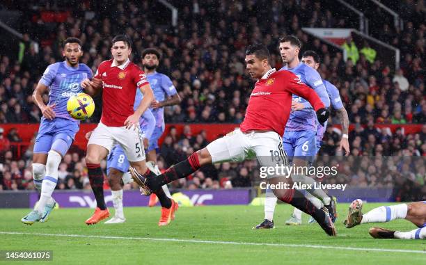 Casemiro of Manchester United scores the team's first goal during the Premier League match between Manchester United and AFC Bournemouth at Old...