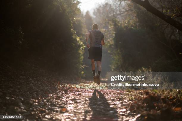 male athlete running cross-country in the early morning - trail running back stock pictures, royalty-free photos & images