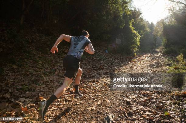 male athlete running cross-country in the early morning - man sprinting stock pictures, royalty-free photos & images