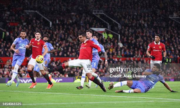 Casemiro of Manchester United scores the team's first goal during the Premier League match between Manchester United and AFC Bournemouth at Old...