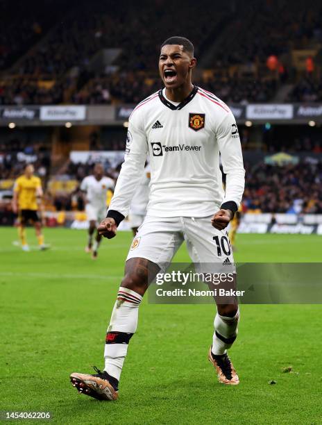 Marcus Rashford of Manchester United celebrates after scoring a goal which is later ruled no goal for a handball during the Premier League match...