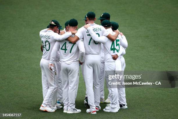 South Africa huddle during day one of the Second Test match in the series between Australia and South Africa at Sydney Cricket Ground on January 04,...