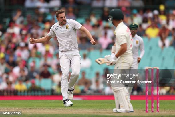 Anrich Nortje of South Africa celebrates the wicket of David Warner of Australia during day one of the Third Test match in the series between...