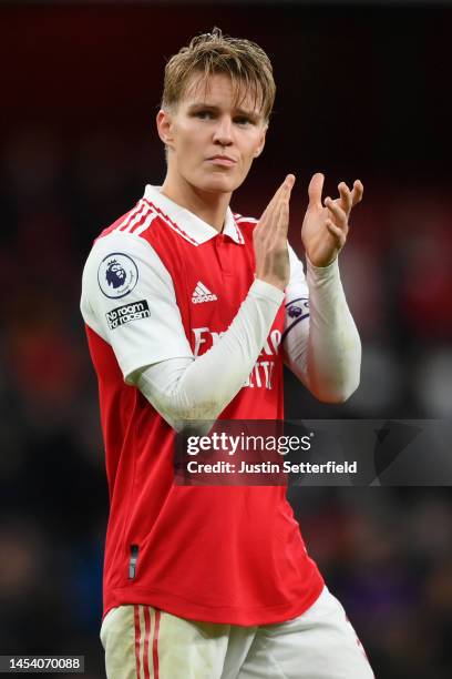 Martin Odegaard of Arsenal claps the fans after the Premier League match between Arsenal FC and Newcastle United at Emirates Stadium on January 03,...