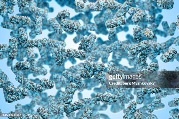 escherichia coli bacteria on blue background. 3d render illustration - salmonellen stock-fotos und bilder